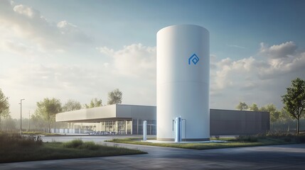 Obraz premium A modern facility featuring a cylindrical structure and sleek design, surrounded by greenery.