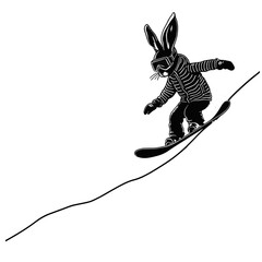 Black and white silhouette of a hare snowboarding down a mountain in winter.