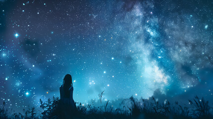 Fototapeta premium Woman Gazing at the Starry Sky