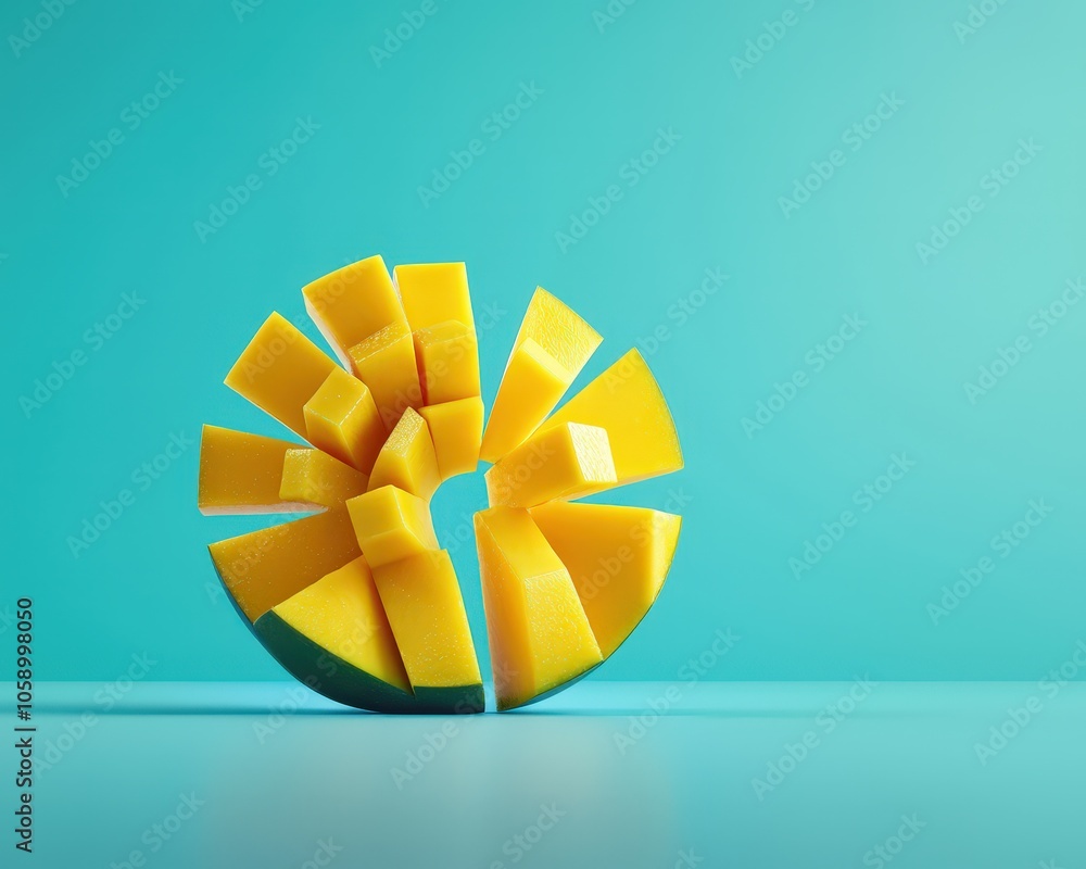 Aufkleber a creative display of sliced mango arranged in a circular pattern against a vibrant blue background,