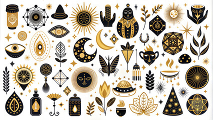 Mystical black and gold elements with eyes and celestial symbols on white background in decorative style