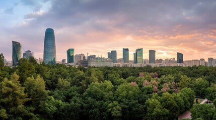 Obraz premium Stunning panoramic cityscape of Baku, Azerbaijan in the morning light, showcasing the iconic Flame Tower and the vibrant urban landscape, perfect for travel and architecture enthusiasts