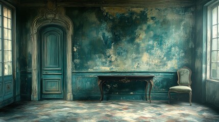 An antique chair and table sit in a room with a worn, teal-colored wall.