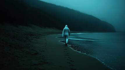 Naklejka premium A solitary figure in a white hooded cloak walking along a deserted beach at dusk, with footprints in the sand and dark, misty cliffs in the background.
