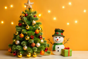 Decorated Christmas tree with cheerful snowman and gift on warm orange background.