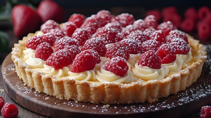 Delicious raspberry tart with cream filling and powdered sugar topping on rustic wooden board