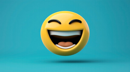 Fototapeta premium 3D of a joyful yellow laughing emoji with closed eyes and a wide open mouth on a blue background.