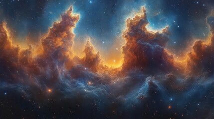 vibrant nebula clouds and twinkling stars create a mesmerizing galaxy wallpaper, embodying the vastness and beauty of the universe. the colors are rich and deep, drawing viewers into its cosmic wonder
