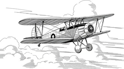 Vintage airplane flying through clouds in a detailed black and white line drawing style