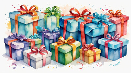 Obraz premium Watercolor painting of colorful gift boxes stacked together for a festive celebration