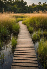 wooden boardwalk pathway through a wetland, surrounded by tall grasses