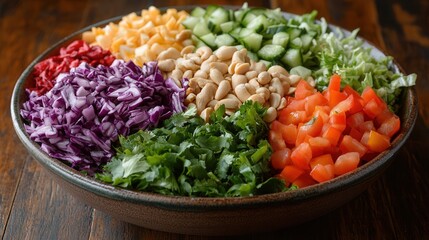 A vibrant assortment of fresh vegetables is neatly arranged in a bowl, showcasing chopped red cabbage, cucumber, tomatoes, lettuce, and peanuts, perfect for a nutritious salad or meal preparation.