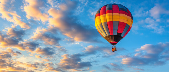 Obraz premium Colorful Hot Air Balloon Soaring Through a Cloudy Sky.