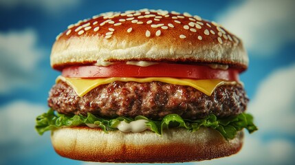 A classic cheeseburger with lettuce, tomato, and cheese on a sesame seed bun.