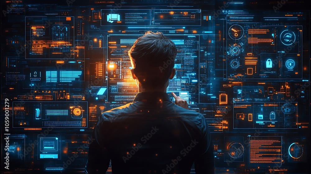 Poster a man in a dark shirt stands in front of a large screen with glowing, futuristic interface. he is in