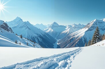 Fototapeta premium winter landscape in the mountains, top of a high mountain, white snow around, peaks in snow, sunny frosty day, blue sky, screensaver, both, postcard, poster