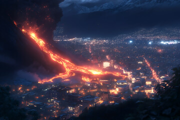 Naklejka premium A huge volcano erupts in the center of the city, spewing out a large amount of steam and ash. A stream of lava flows through the center of the city, completely destroying everything.