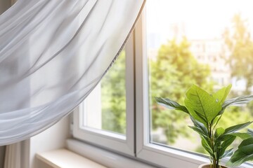 The high quality mosquito net placed on the window displays its intricate grid texture. Sunlight streams through, illuminating the room and casting a warm glow over the vibrant greenery outside.