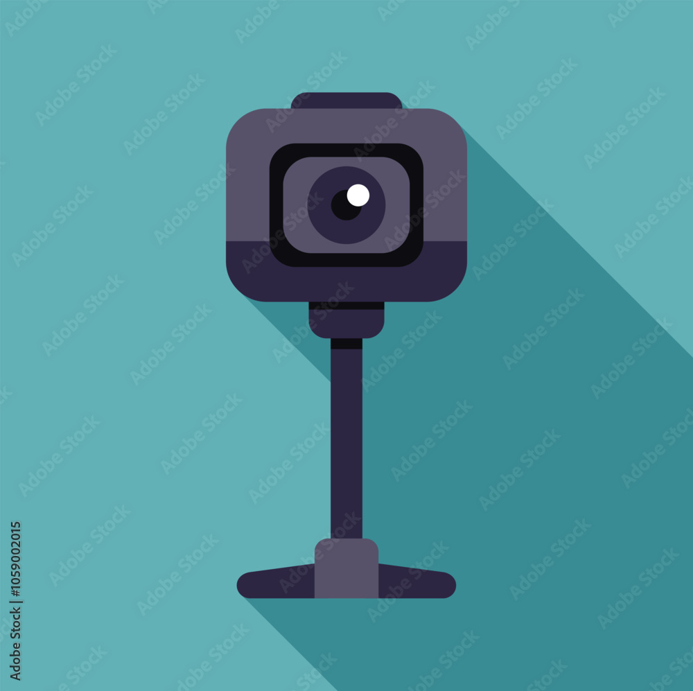 Poster action camera placed on a tripod, recording a video with flat design style and long shadow