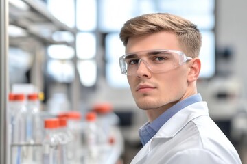 A scientist in a lab wearing protective glasses works diligently with test tubes and various equipment. The setup reflects an atmosphere of focused research and experimentation, showcasing the dedicat