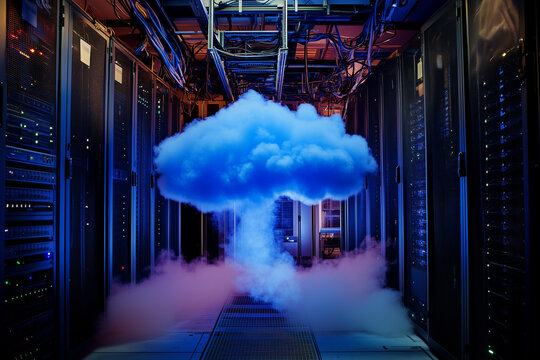 Blue clouds floated in the middle of the computer server room