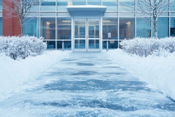 Icy sidewalk leading to office building entrance in winter