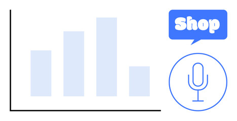 Bar graph with four bars of varying height on left, speech bubble with word Shop on right, and a microphone icon below speech bubble Ideal for business, marketing, technology, retail, analytics