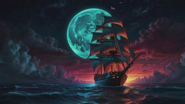 pirates in the middle of the sea during a full moon