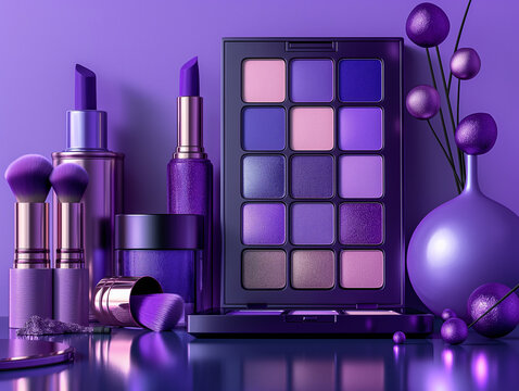Purple makeup products on a purple background