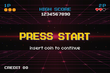 PRESS START INSERT A COIN TO CONTINUE .pixel art .8 bit game. retro game. for game assets .Retro Futurism Sci-Fi Background. glowing neon grid. and stars from vintage arcade computer games