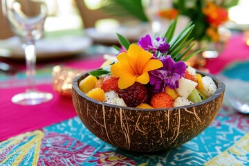 Obraz premium A coconut shell used as a bowl, filled with tropical fruits and garnished with edible flowers, placed on a vibrant tablecloth with a colorful setting