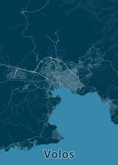 Map of Volos, Greece, The map shows the city's streets, roads, and surrounding terrain. The city is situated on a peninsula with a large bay to the south.
