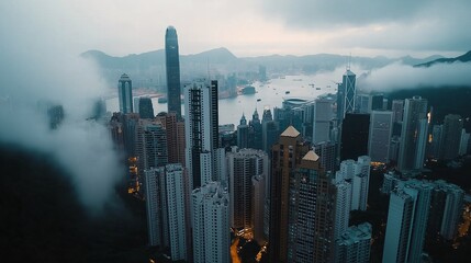 Aerial View of Skyscrapers Against Misty Skyline