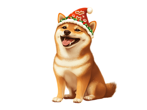 Digitalart Shiba Inu Dog in Christmas Day Festival wearing gingerbread man hat sitting with a happy isolated on transparent background PNG