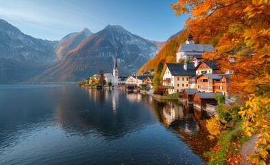 Fototapeta premium Lake Town at Sunset