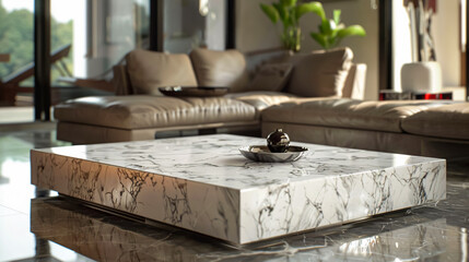 Obraz premium Top View of a Marble Table in a Living Room Background