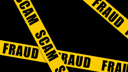 Scam and fraud alert, caution and warning concept. Yellow barricade tape with word scam in dark...