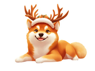 Naklejka premium Digitalart Shiba Inu Dog in Christmas Day Festival wearing reindeer hat lying down with a happy isolated on transparent background PNG