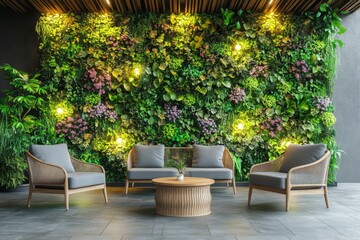 Obraz premium Modern Patio With Green Wall Wicker Chairs and Wooden Coffee Table