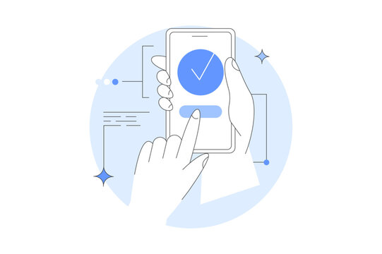 Hand holding mobile phone with Check mark. Tick on smartphone screen. Character finger. Completed task, done payment. Business concept. Isolated Vector Illustration, icon. Stylish, Minimalist line