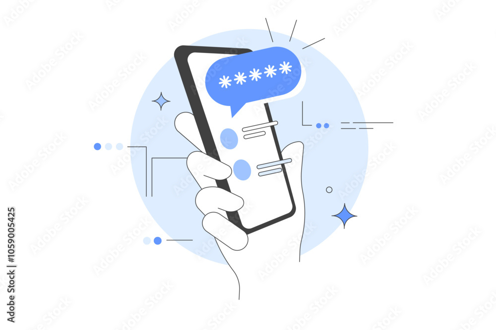 Poster character hand holding smartphone and typing two factor authentication code, pin to verify their id 