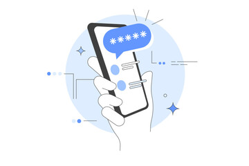 Character hand holding smartphone and typing two factor authentication code, pin to verify their id and security access. Vector Illustration, icon. Stylish, Minimalist line, abstract