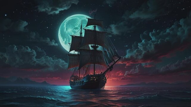 pirates in the middle of the sea during a full moon