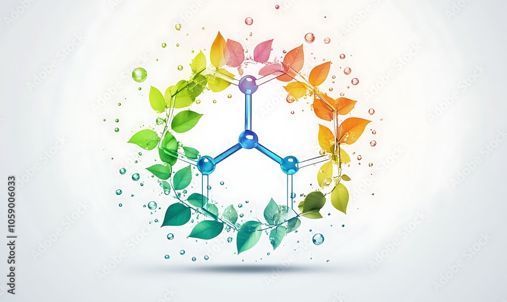 Poster a colorful molecular structure surrounded by leaves, symbolizing nature and science.