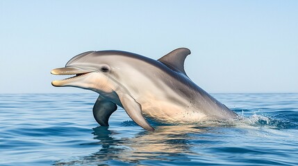 Obraz premium A dolphin gracefully leaps out of the calm ocean waters, showcasing its sleek body and playful nature under a bright sky.