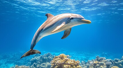 Obraz premium A graceful dolphin swims among vibrant coral reefs in clear blue waters, showcasing the beauty of marine life.