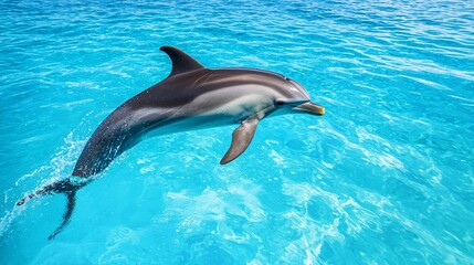 Obraz premium A dolphin gracefully leaps through turquoise waters, showcasing its sleek form and playful nature against a vibrant ocean backdrop.