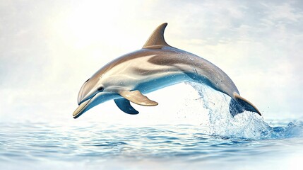 Fototapeta premium A dolphin leaps gracefully from the ocean, creating a splash as it breaks the surface in a serene, tranquil setting.