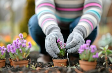 Gardener Planting Purple Flowers