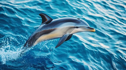 Obraz premium A dolphin leaps gracefully out of the sparkling blue ocean, showcasing its sleek body against the shimmering water.